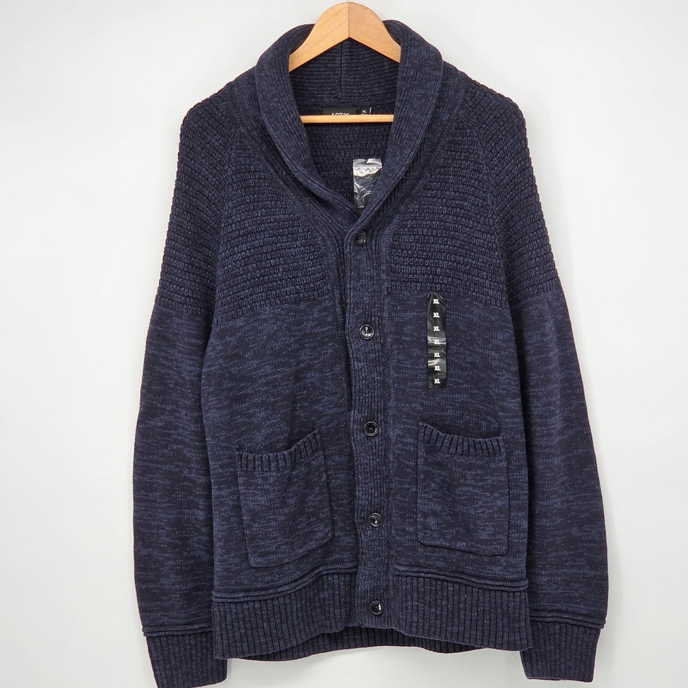 Mens Shawl Collar Cardigan Sweater Navy Blue Marl XL Button Front NEW Cobain
